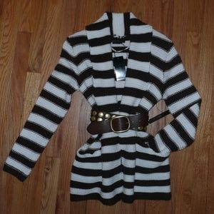 NWT BCBG Maxazria Super Soft Chai/WHT Lg Knit Striped Beach Cardigan Small